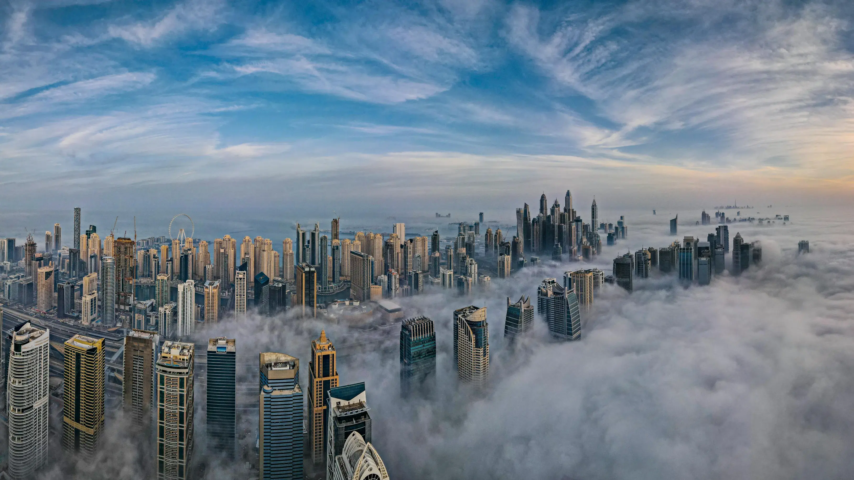 Aerial View Of Dubai Skyline In Morning Fog