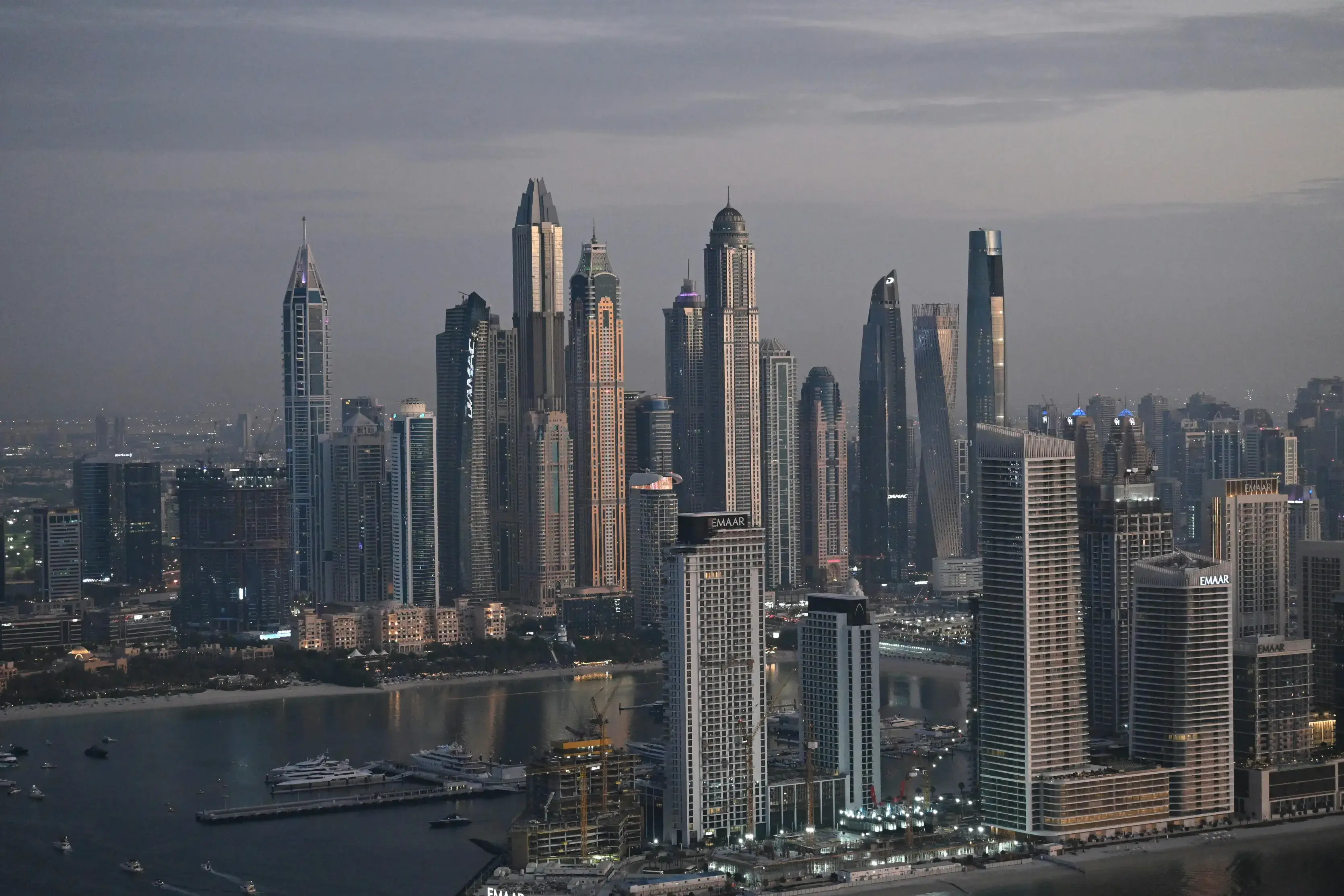Stunning Twilight Aerial View Of Dubai Skyline