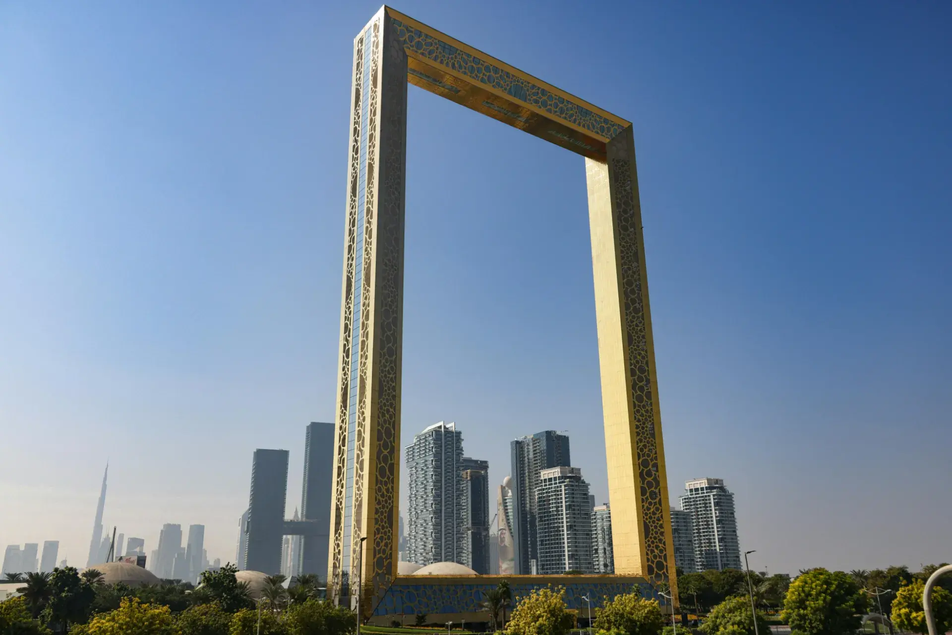Dubai Frame With City Skyline In Background Cropped